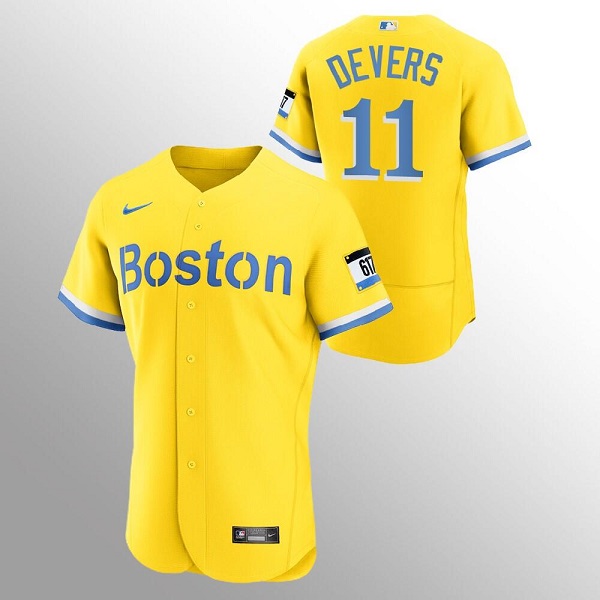 Men's Boston Red Sox #11 Rafael Devers Gold MLB 2021 City Connect Flex base Stitched Jersey Men's Boston Red Sox #11 Rafael Devers Gold MLB 2021 City Connect Flex base Stitched Jersey